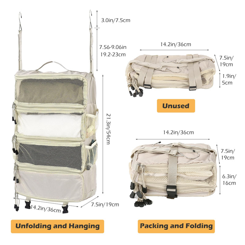 TABITORA Travel Luggage Organizer Hanging Packing Cubes Portable Hanging Shelves Carry on Closet for Suitcase with 2 Hooks,Collapsible(Beige,M) Beige Medium