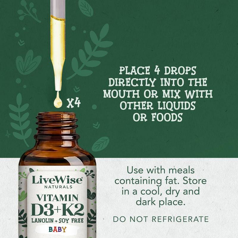 Live Wise Naturals Organic Vitamin D3 K2 Liquid Drops for Babies, (MK-7) | Concentrated Formulation, 225 Servings, Micro-Dose Dropper, Gentle Daily Supplementation, Early Development, Precise Dosing Baby D3+K2 Vegan