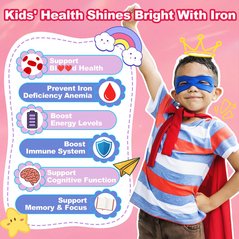 Iron Gummies for Kids with Vitamin C, Immune, Blood Builder & Energy, 180Ct | Kids Multivitamin with Calcium, Zinc, Folate, Iron Deficiency, Anemia & Brain Health, Vegan, Non-GMO, Strawberry Flavor 90 Count (Pack of 2)