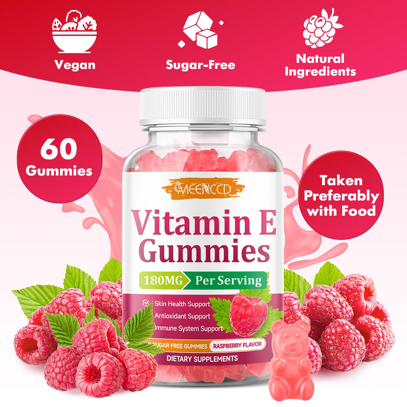 Vitamin E Gummies, 180 mg (400 IU) dl-Alpha, Daily Skin Support, 60 Count | Sugar-Free, Vegan, Non-GMO, Raspberry Flavor 60 Count (Pack of 1)