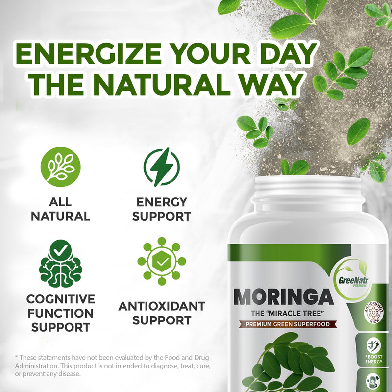 Pure Moringa Oleifera Green Superfood Capsules with Vitamin C, Omega 3 & Amino Acids - Boosts Energy, Mood, Memory, Immune Support - Made from Organic Moringa, Non-GMO - 60 Capsules (1 Bottle) | Boosts Energy, Mood, Memory, Immune Support - Made from O...