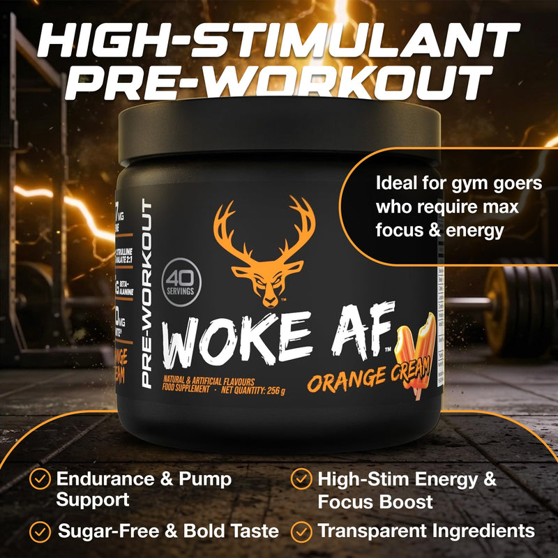 Bucked Up Woke AF Pre-Workout Powder | Performance Drink with Caffeine, Beta-Alanine, & L-Citrulline | Sugar Free, Paleo Friendly | Orange Cream Flavor | 40 Servings