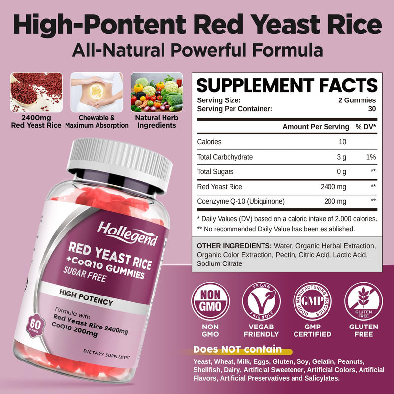 [Australia] - Red Yeast Rice with Coq10 Gummies Sugar Free, Organic Red Yeast Rice 2400mg for Cholesterol Lowering Supplements, Enhanced with Coenzyme Q10 200mg for Heart Health Support, 60 Counts 