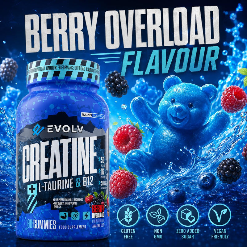 Creatine Monohydrate Gummies + L-Taurine & B12 | 90 Vegan | Overload Creatine Gummies 5000mg | Pre Workout & Post Workout Energy for Men & Women | Sugar-Free Creatine Max