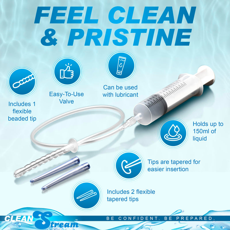 [Australia] - CLEANSTREAM 150mL Syringe w/Attachments for Beginners, Men, Women, & Couples. Fluid Syringe and Three Tapered Tips. Silicone Tube. 5 Pieces, Clear. 