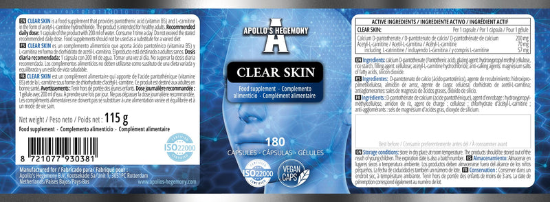 Clear Skin - Vitamin B5 200mg (Pantothenic Acid) and Acetyl-L-Carnitine 70mg, 180 Vegan Capsules, 6 Months Supply, Anti-Acne, Enhanced Skin Health, Diet Supplement - by Apollo's Hegemony