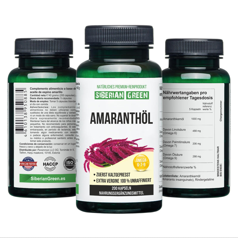 Siberian Green Amaranth Seed Oil Capsules 200 Softgels Wild Harvested Siberia Altai Cold Pressed Unrefined