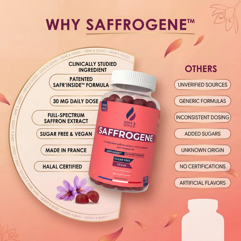 SaffroGene® Saffron Gummies + Vitamin B6 – Patented Saffron Extract – Vegan Red Berry Flavour – Mood & Emotional Balance Support – Focus & Relaxation – 60 Gummies, Made in France