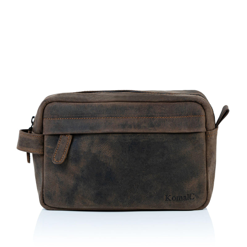 KomalC Genuine Buffalo Leather Unisex Toiletry Bag Travel Dopp Kit Vanity Bag Grooming Bag