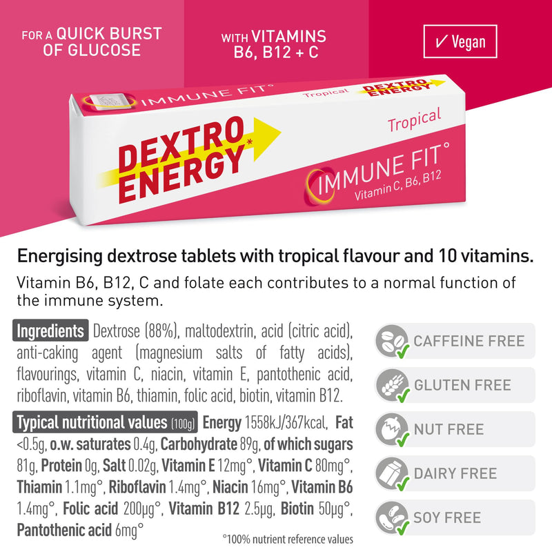 Dextro Energy Tropical Glucose Tablets |Fast Acting Carbohydrates for a Quick Burst of Glucose|with Vitamin C, B6, B12 and folic Acid | 14 Count (Pack of 24)