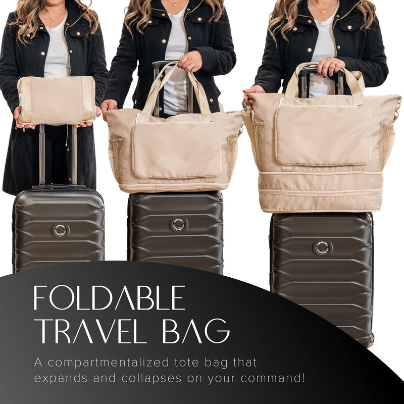 Large Travel Bag - Foldable & Expandable Carry-On Bag with Shoe Compartment, Water Bottle Pocket, Luggage Sleeve, Cosmetic Case Beige