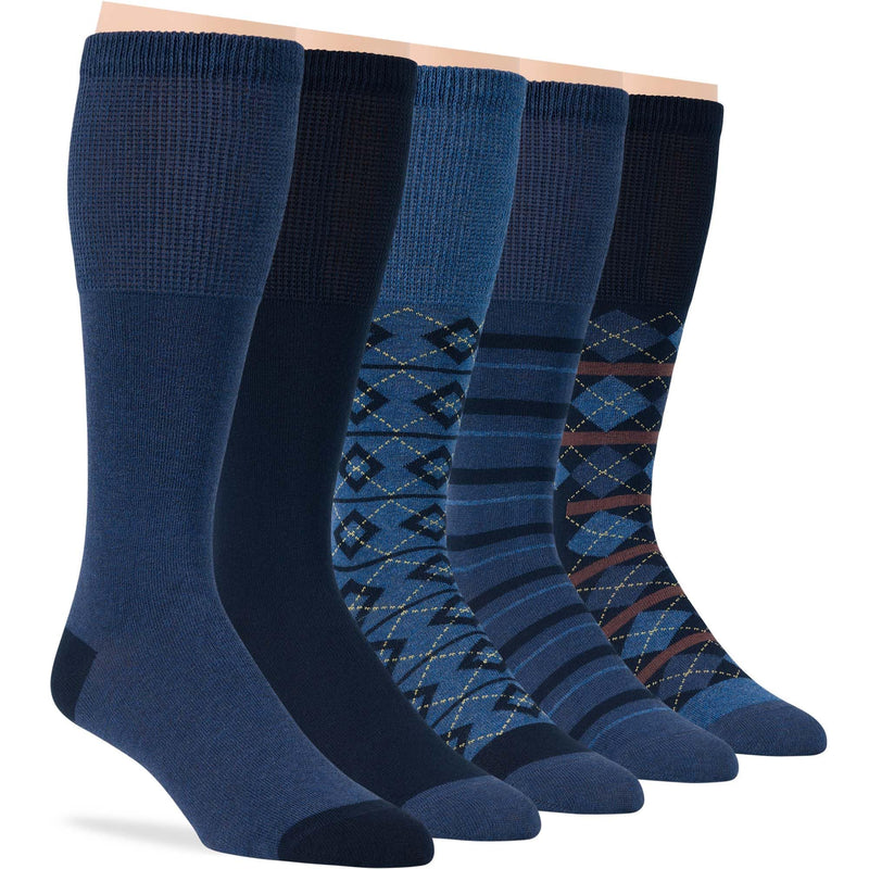 [Australia] - 7BigStars Men Diabetic Loose Dress Business Cotton Mid Calf Socks - 5 Pack Large - Geometric, Argyle, Stripe - Sock Size 10-13 Shoe Size 9-12 L Dark Navy, Denim Blue Dark Navy, Denim Blue (A098) 