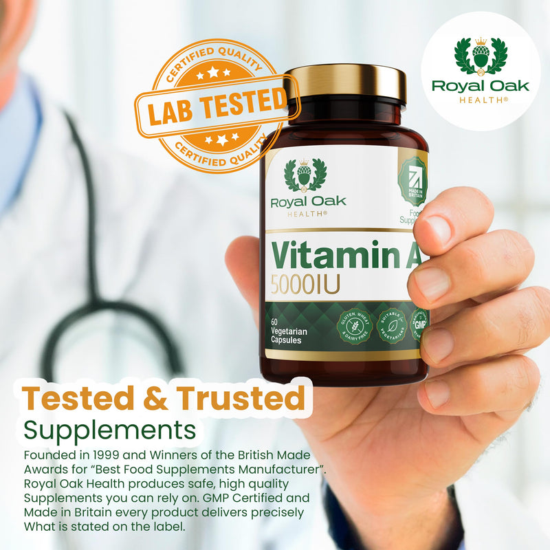 Vitamin A 5000IU | 60 Vegan Capsules | Retinyl Acetate | Supports Vision, Skin & Immune Function | Gluten & Dairy Free | Made in Britain