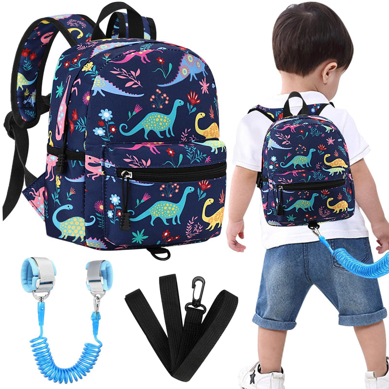 Accmor Toddler Backpack with Leash, Baby Dinosaur Backpacks with Anti Lost Wrist Link, Cute Mini Kids Harness Backpack Leash for Travel, Keep Child Close Rope Tether Rein for 1-3 Years Old Boys Girls Navy Blue/Dinosaur