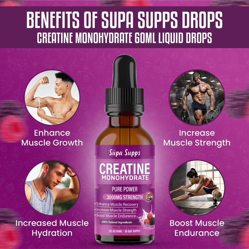 Creatine Monohydrate Drops 60ml - Liquid Alternative to Creatine Monohydrate Powder, Ideal for Gym Performance, Bulk Creatine Formula, Supports Muscle Growth, Recovery, and Energy - Berry Flavour 60 ml (Pack of 2)