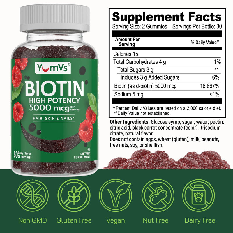 YUM-V'S YumVs Biotin Gummies 5000mcg - Luscious Raspberry Flavor - Thicker Faster Hair Growth Gummies for Women or Men - Hair, Skin & Nails Vitamins - Hair Gummies (60 Count (Pack of 2)) 60 Count (Pack of 2)