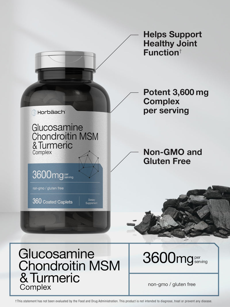 Horbäach Glucosamine Chondroitin MSM | 3600 mg | 360 Caplets | Advanced Formula with Turmeric | Non-GMO, Gluten Free 360 Count (Pack of 1)