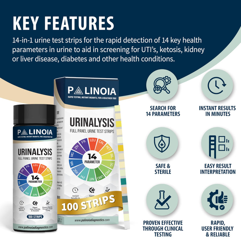 14-in-1 Urine Test Strips Full Panel, 100 Count, Urinalysis Testing for General Health, Kidney, Liver and UTI Screening