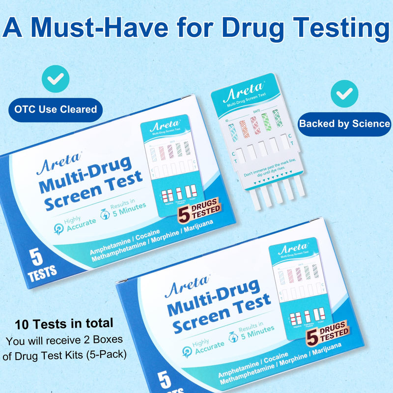 Areta Multi-Drug Screen Test: Detect THC, AMP, COC, MET, OPI (Most-Used Drugs), 10 Pack Urine Drug Test Kits Highly Accurate Marijuana Home Screening Detox -#ADTP-254
