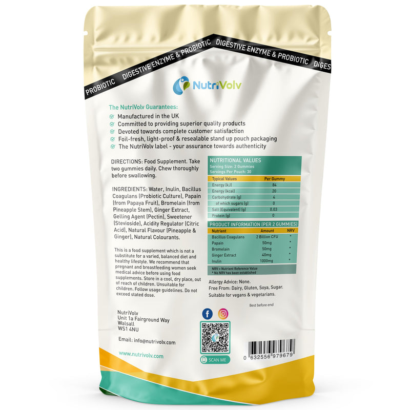 Digestive Enzyme & Probiotic Gummies | 60 Vegan Gummies | Inulin, Bacillus Coagulans, Papain, Bromelain & Ginger | Digestion & Bloating Comfort | Pineapple & Ginger Flavour | UK Made | by NutriVolv