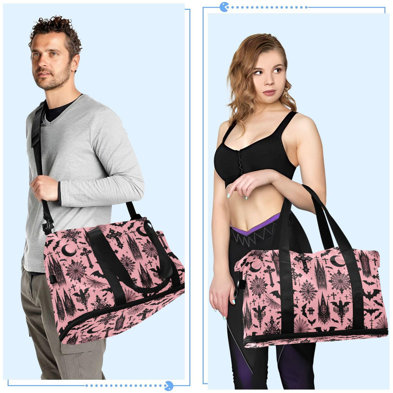 Travel Duffel Tote Bag Black Gothic Moon Spider Webs and Bats Sports Duffel Bag with Wet Pocket Weekender Overnight Bag for Women Men Gym Bag, Carry On Bag Hospital Bag for Labor and Delivery Bats I8897