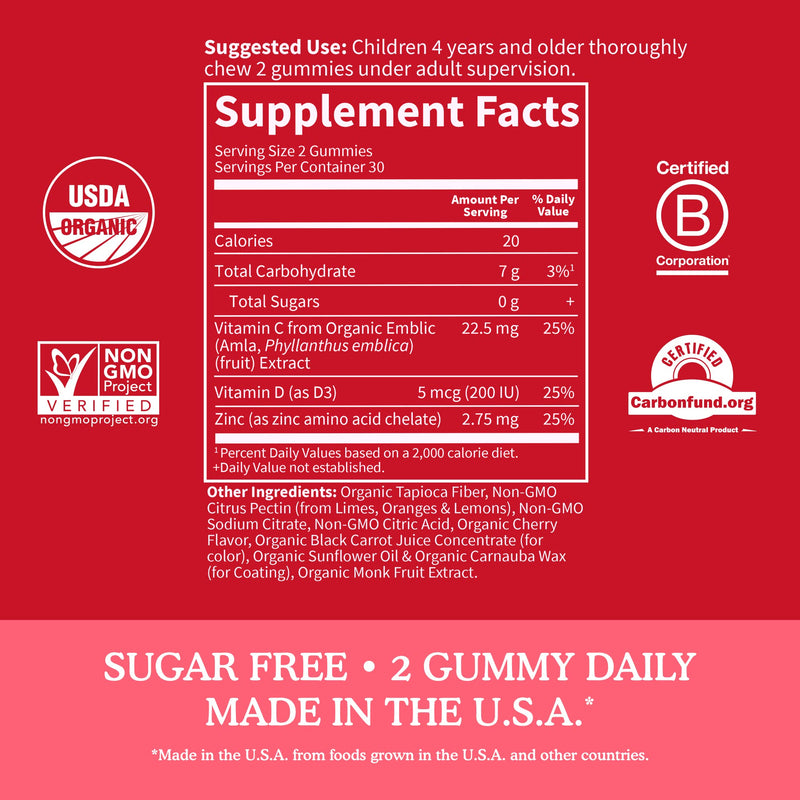 [Australia] - Garden of Life Kids Immune Support Gummies with Vitamin C, D as D3 & Zinc for 3-in-1 Daily Children’s Immunity – Organic, Non-GMO, Gluten-Free, Vegetarian, Sugar Free, Cherry Flavor, 30 Day Supply 60 Count (Pack of 1) 