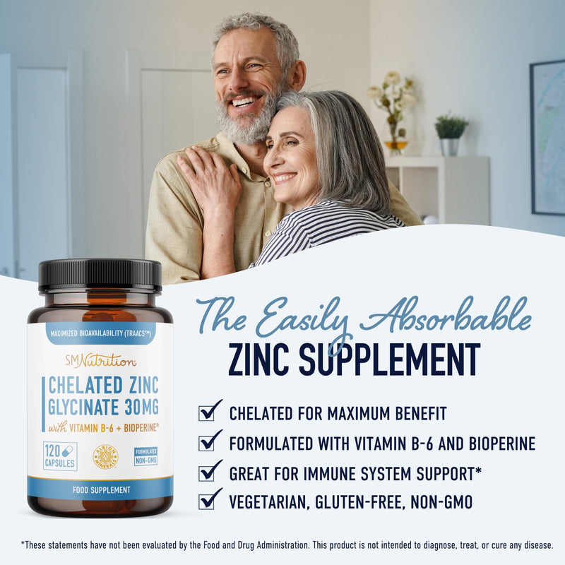 Chelated Zinc Supplements - Zinc Glycinate 30 mg (120 Capsules) Highly-Absorbable TRAACS Chelated with Vitamin B6 & BioPerine - Immune & Skin Health Support - Non-GMO, Gluten-Free - 4 Month Supply