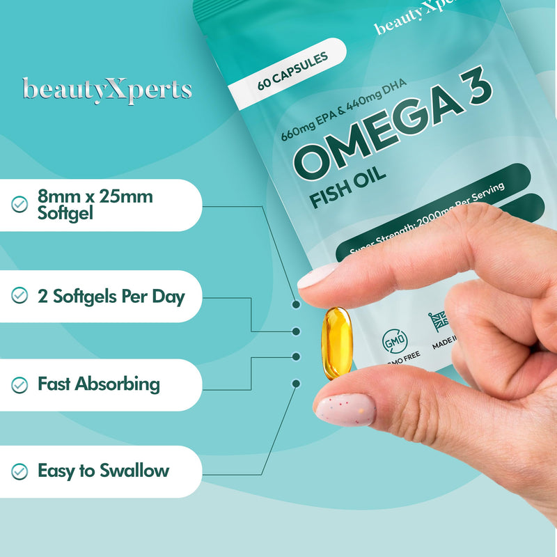 Omega 3 Fish Oil Capsules High Strength Supplement 2000mg | EPA 660mg, DHA 440mg | 60 Soft Gels (not Gummies/Tablets) | UK Made & Tested 60 count (Pack of 1)