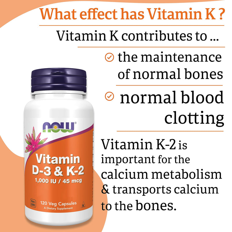 Now Foods, Vitamin D3 & K2, 1,000IU, 120 Capsules, Lab-Tested, Multivitamins, Gluten Free, Soy Free, Vegetarian