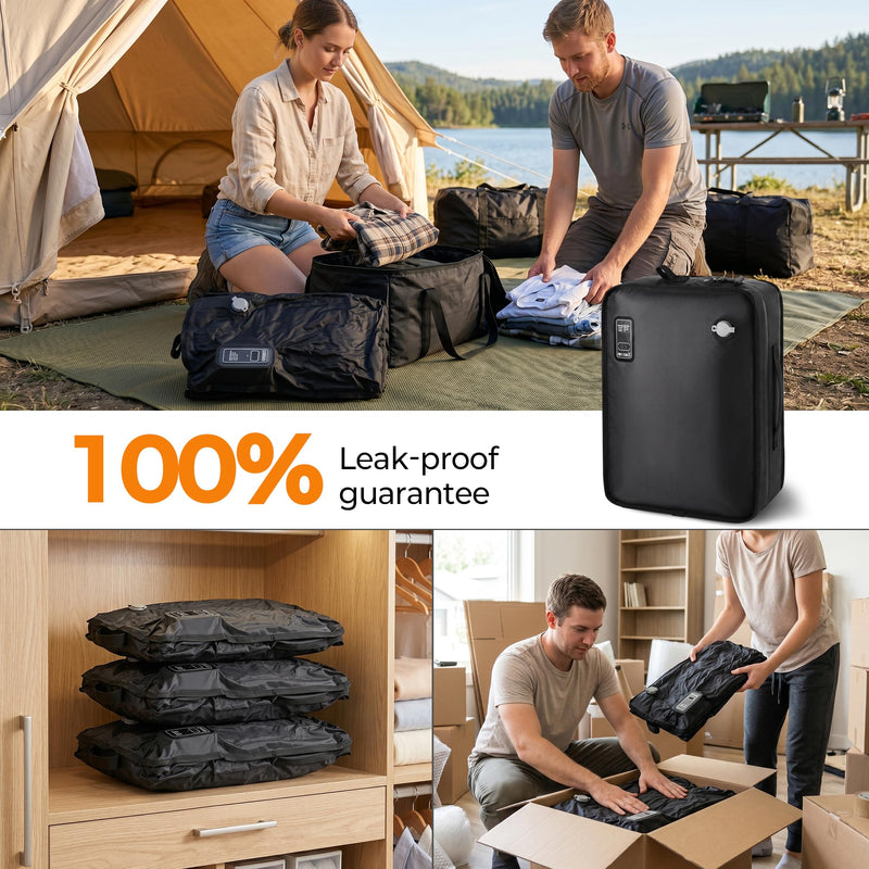 Vacuum Seal Bags for Travel with Bag-Pump Integrated Design, 28L Compression Packing Cubes for Carry-On Suitcase & Travel Backpack, Reusable IP67 Waterproof Vacuum Storage Kit, Gift Set Black 28L