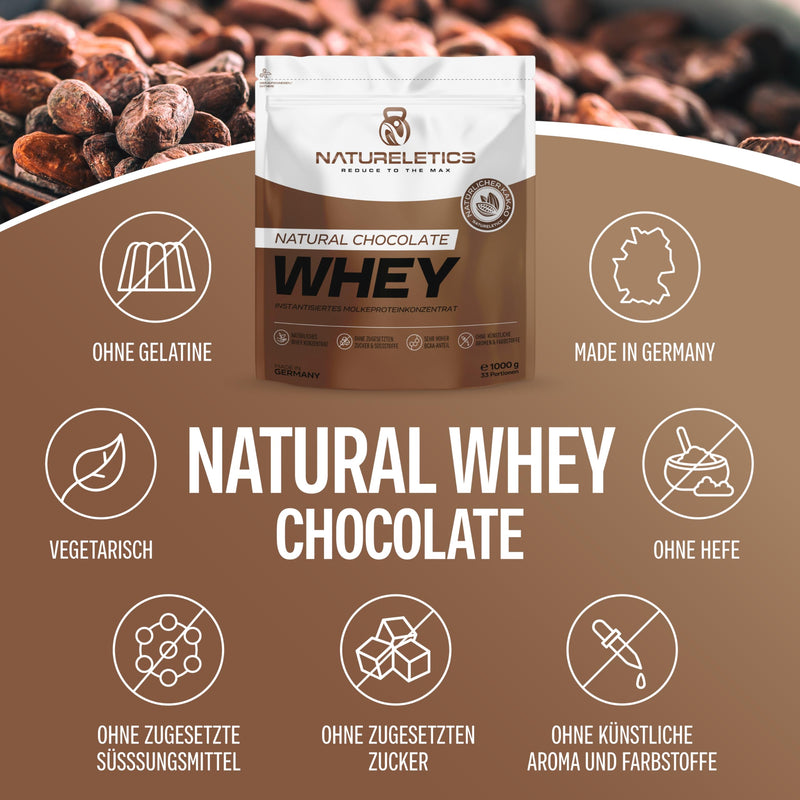 [Australia] - NATURELETICS CHOCOLATE, 1kg, no sweeteners, no added sugar, natural premium whey protein concentrate from Germany, real chocolate taste, protein powder with a high BCAA content 