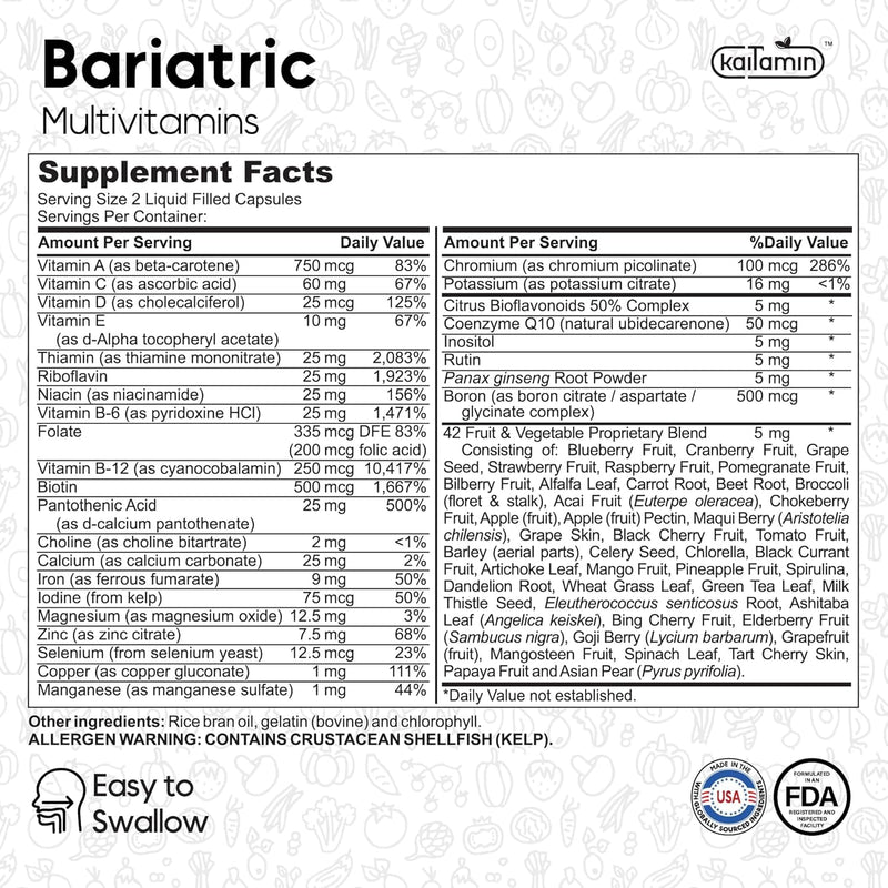 Bariatric Multivitamin with Iron 45mg, 120 Liquid Caps | Easy-swallow post-surgery multivitamin with B12, B6 & 42 superfoods for daily nutrition after weight loss surgery. 60 Count (Pack of 1)