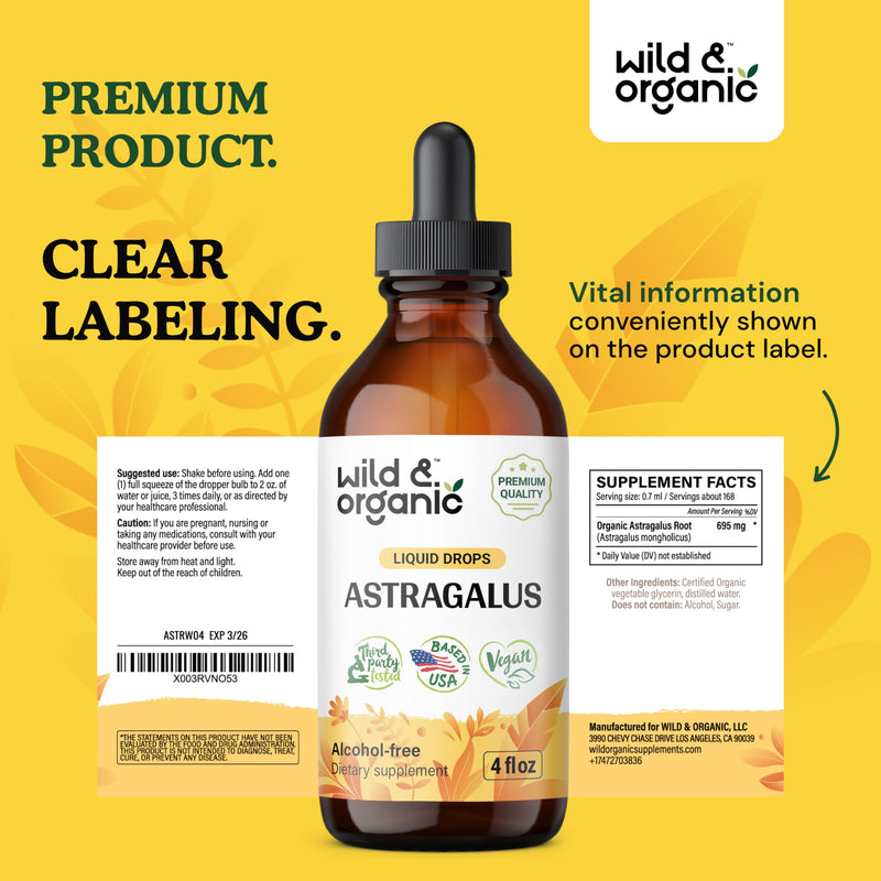 [Australia] - Wild & Organic Astragalus Tincture - Immune Support Supplement w/Astragalus Root - Vegan Astragalus Root Tincture for Immunity Support - Alcohol-Free Adaptogenic Drops w/Astragalus Extract - 4 oz 4 Fl Oz (Pack of 1) 