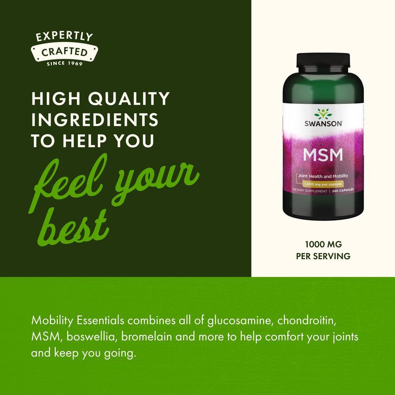 [Australia] - Swanson MSM - Essential Minerals Promoting Mobility & Joint Health Support - Helps to Maintain Connective Tissue Health Including Cartilage, Collagen, & Hair - (240 Capsules, 1000mg Each) 240 Count (Pack of 1) 