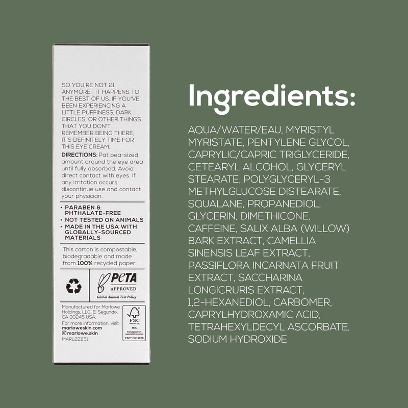 MARLOWE. Eye Cream for Dark Circles and Puffiness, Moisturizing, 0.5 oz | Eye Cream with Vitamin C and Caffeine helps brighten skin and reduce puffiness. Clean vegan, fragrance free.