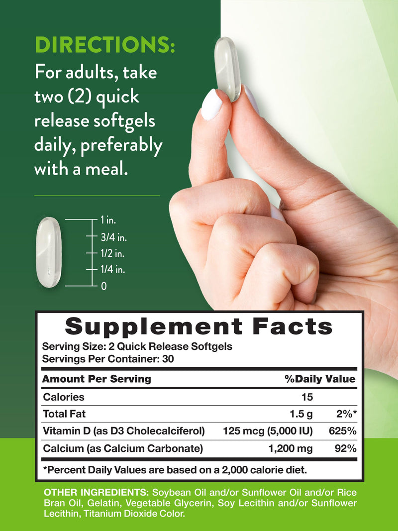 [Australia] - Nature's Truth Calcium 1200mg with Vitamin D3 5000 IU | 60 Softgels | from Calcium Carbonate | Non-GMO & Gluten Free Supplement 