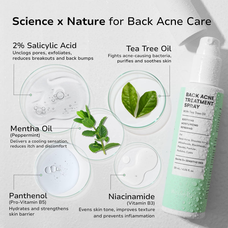 [Australia] - Back and Body Acne Treatment Spray: 2% Salicylic Acid & Tea Tree Oil Bacne Spray for Clear, Soothe & Moisturize - Effective for Men, Women, Teens with Back, Shoulder, Arm, and Chest Acne 4.06 Fl Oz (Pack of 1) 