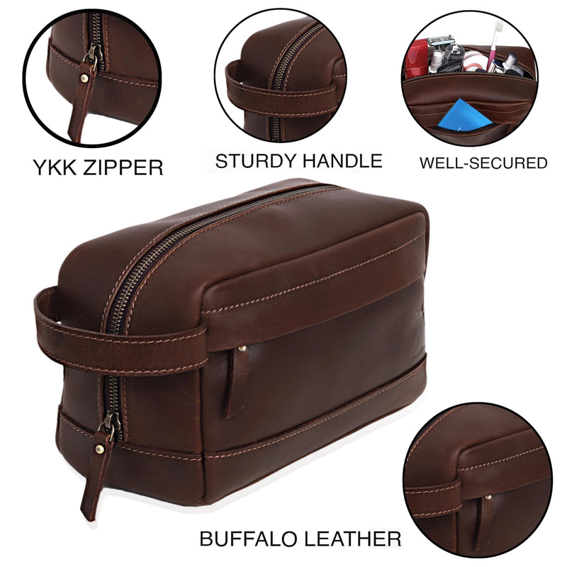 Leather Farm Premium Buffalo Leather Toiletry Bag for Men & Women - Dopp Kit With Water Resistant Lining, Shaving Pouch, Unisex Wash Bag For Toiletries, Gifts For Men and Women - Dark Brown