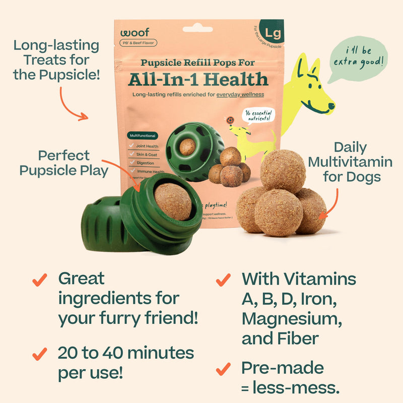 WOOF Pupsicle Refill Pops for All-in-1 Health - Long-Lasting Multivitamin Refills for The Pupsicle Toy - with Vitamins A, B, D, Iron, Magnesium, and Fiber - Large Pops - 7 Count - PawsPlanet Australia