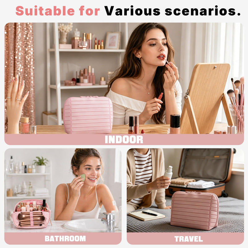 Travel parallel vertical Makeup Bag with Fold-Down Design and Adjustable Dividers,upright Cosmetic Toiletry Bags Black