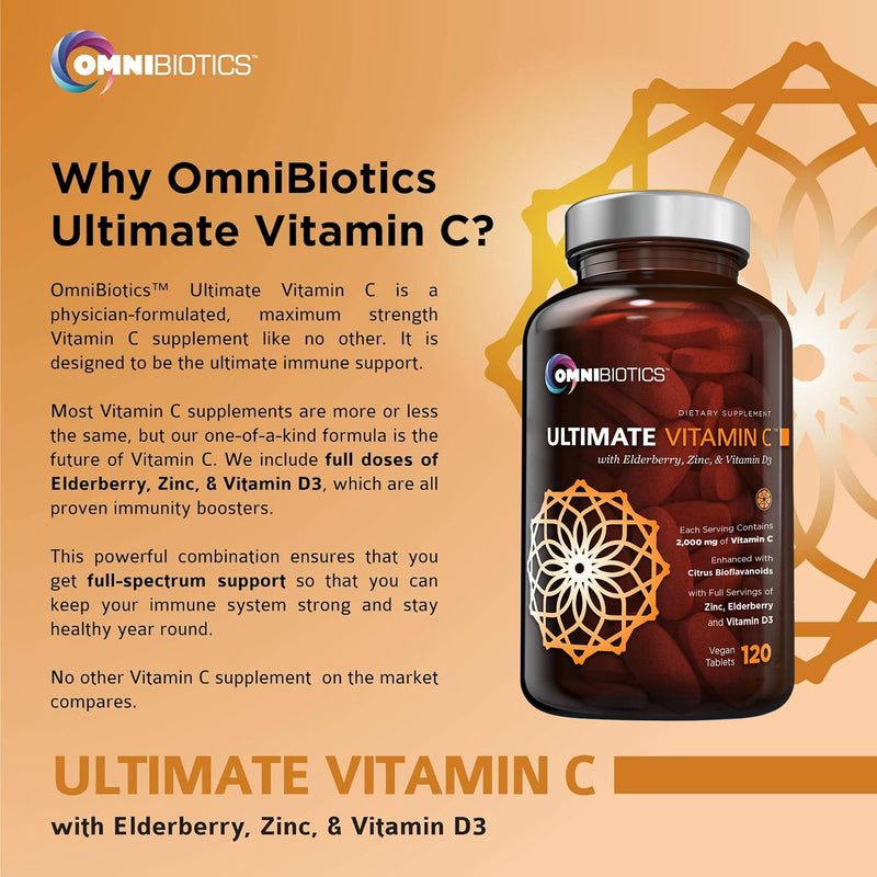 OmniBiotics Ultimate Vitamin C Supplement 2000mg – with Zinc, Elderberry Extract, and D3 – High Potency Immune Support & Collagen Booster – 120 Vegan Tablets 120 Count (Pack of 1)