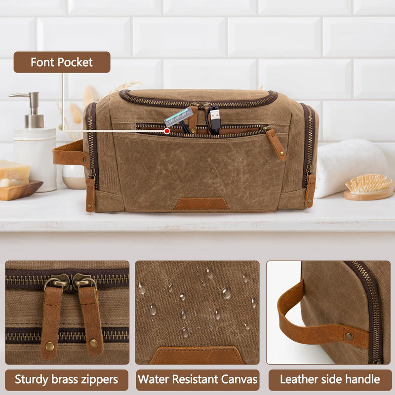 Yarwo Hanging Toiletry Travel Bag for Men, Waxed Canvas Dopp Kit Shave Bag | Detachable Zipper Pouch, Multiple Pockets, Water-resistant Hygiene Travel Bag, for Razor and Essentials, Xmas Gift for Man