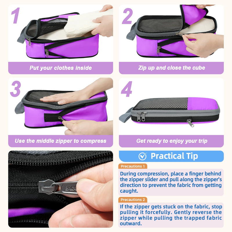 BAGAIL 4 Set/6 Set/8 Set Compression Packing Cubes Travel Accessories Expandable Packing Organizers(Purple HalfMesh 6 Set) 6-Purple Half Mesh