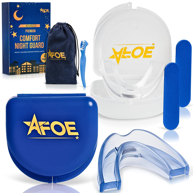 [Australia] - Bruxism Night Guard for Teeth Grinding & TMJ Relief, Premium Comfort Nose Breathing Oxygen Kit – 2-Pack (Clear & Blue), BPA & Latex-Free, Custom Dental Guards, Travel Cases & Brush – by AFOE 
