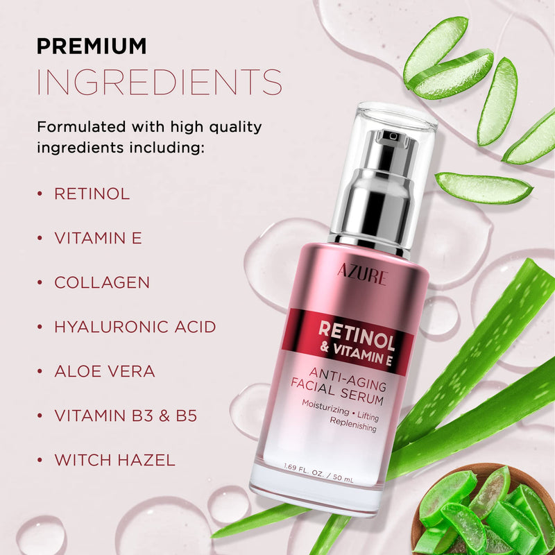 Azure Cosmetics Retinol Serum For Face - Dermatologist Tested, Anti Aging for Dark Spots & Skin Smoothing - Vitamin E for Replenishing & Skin Renewal - Vegan, Clean Beauty, Korean Skin Care - 1.69 oz Retinol & Vitamin E (Pack of 1)