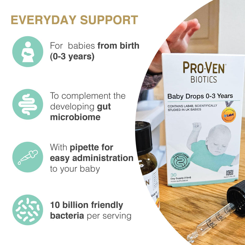 Proven Biotics Baby Drops 0–3 Years 15ml | Flavourless Liquid Daily Baby Supplement | 10 Billion Research-Backed Lab4B Live Bacteria | 30 Days