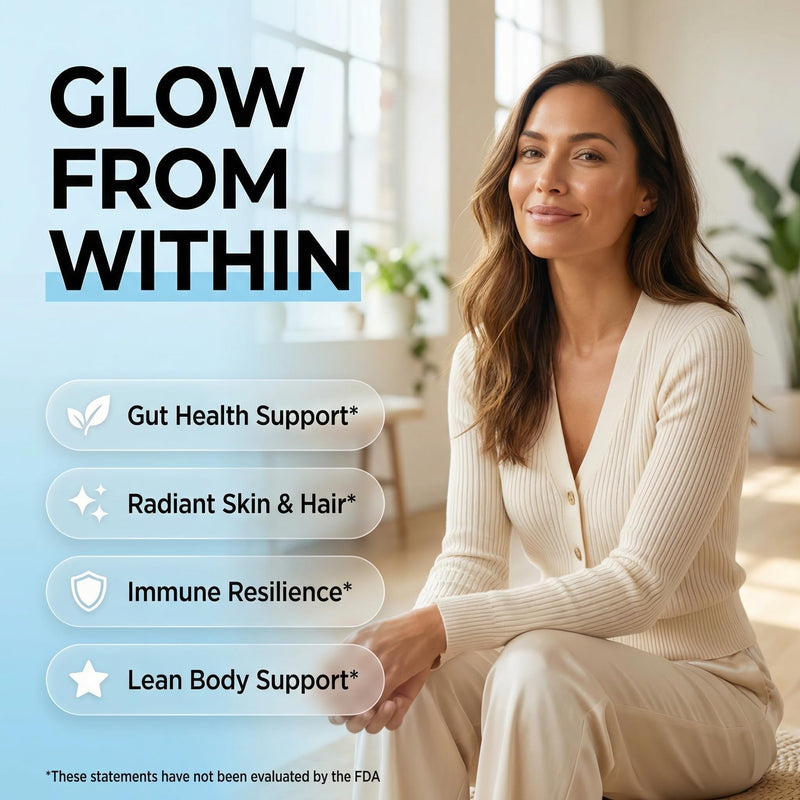 Bovine Colostrum Powder + Collagen Peptides with L-Glutamine L-Lysine Prebiotics Probiotics Digestive Enzymes Vitamin D K2 C Quercetin & Folate | Gut Health Supplement Internal Glow By Clean Nutra 1
