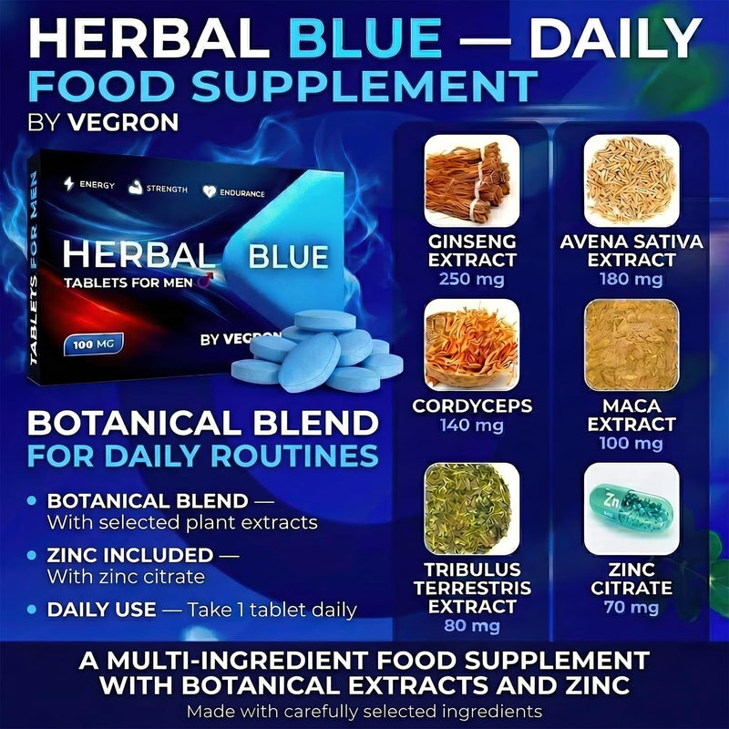 Herbal Blue - Men’s Daily Support – 20 Blue Tablets 100mg | Strong Natural Herbal Supplement for Men | Supports Energy, Vitality & Endurance | Daily Wellness & Performance Formula | UK Made 20 count (Pack of 1)