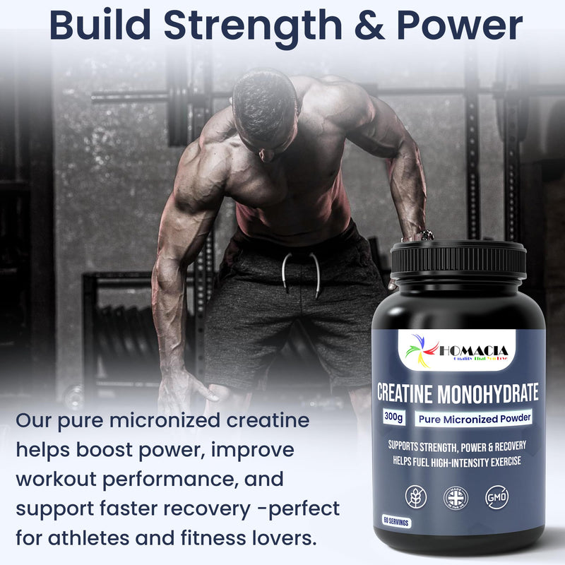Homacia | Creatine Monohydrate Micronized Powder | Supports Muscle Growth, Strength, Recovery & Energy | 100% Pure Unflavoured Creatine 5g Scoop | 300g | UK Made 300 Grams
