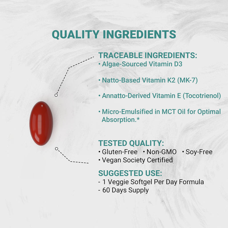 Naturalis Vegan Vitamin ADK with 50mg Tocotrienol and CoQ-10 | Nano-Emulsified in EVOO for Better Absoprtion | Non-GMO, Soy Free and Vegan Society Certified | 60 Veggie Softgels (Carrageenan Free) 60 Count (Pack of 1)
